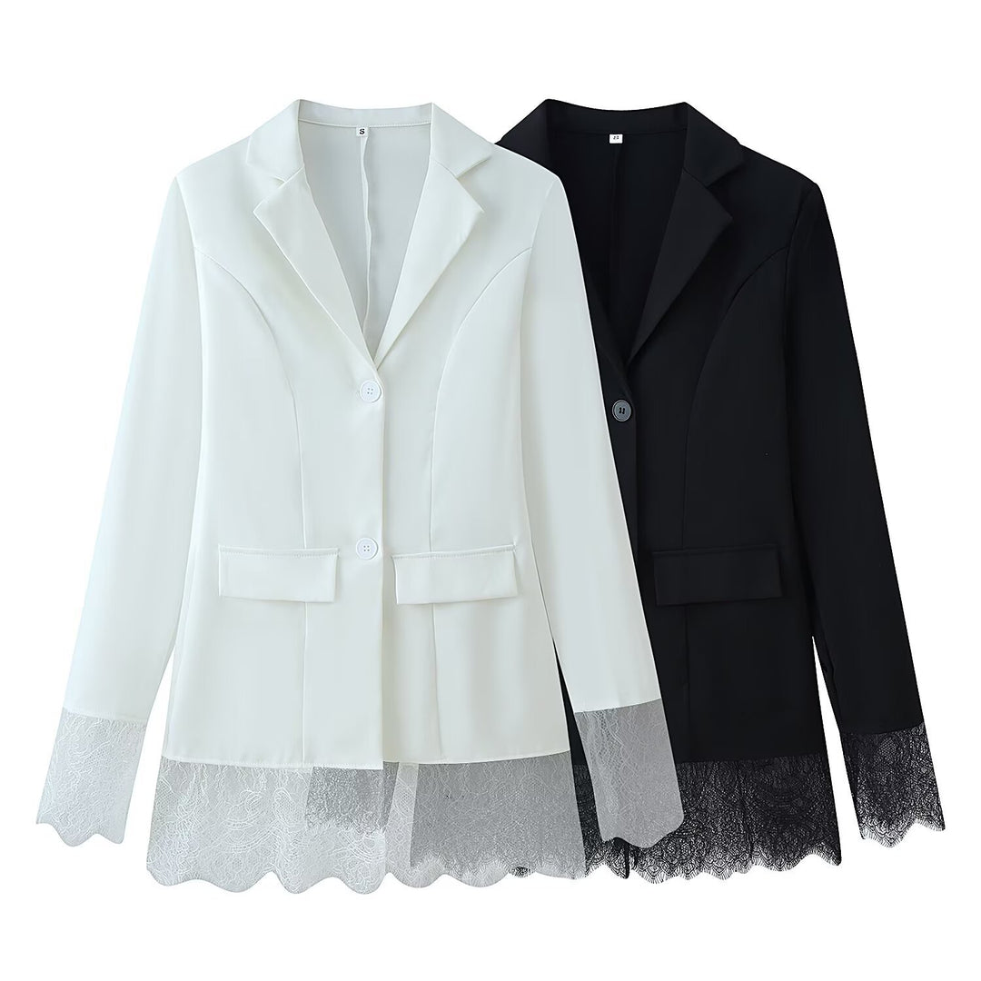 Women Tailored Single-Breasted Blazer with Lace Hem and Lace Cuffs Mune Fashion