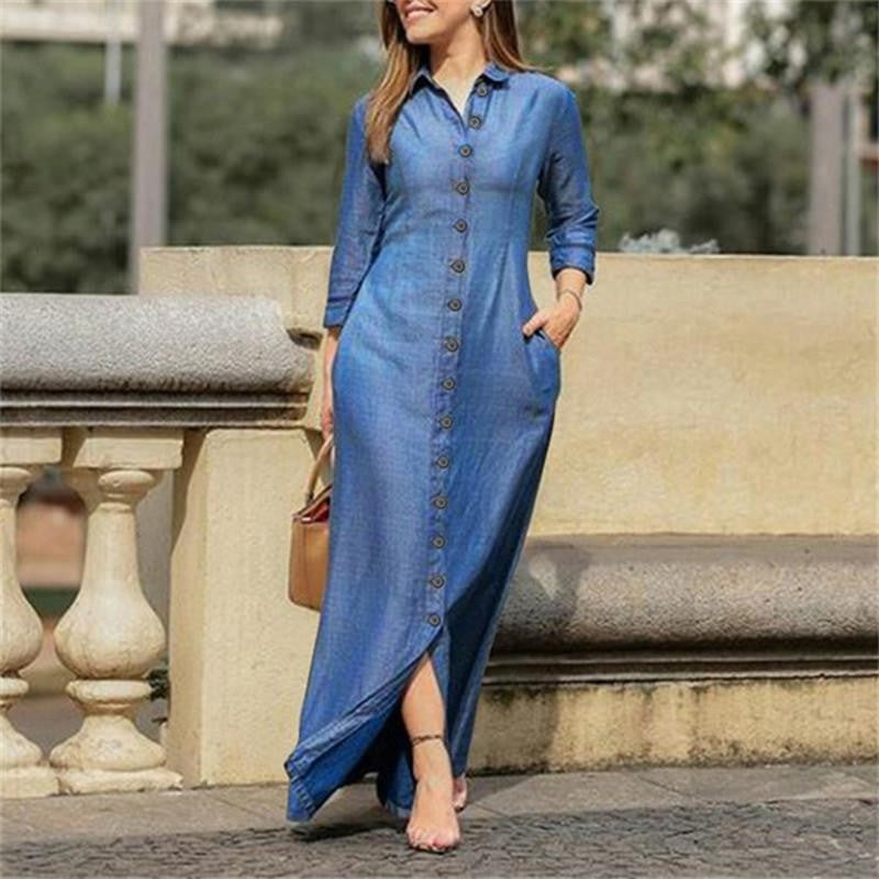 Women's maxi dress shirt dress with button placket and side pockets Drune