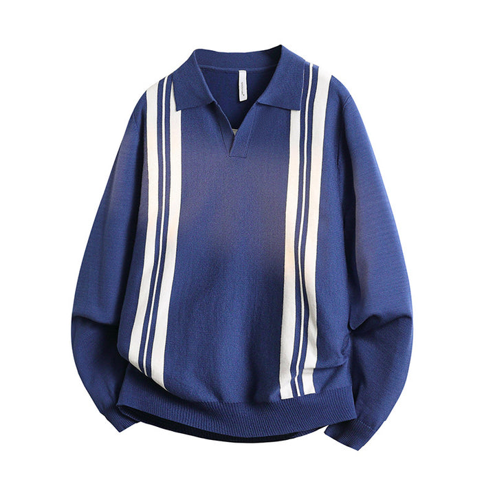 Unisex fine knit polo with open V-neck and vertical contrast stripes Mune Fashion