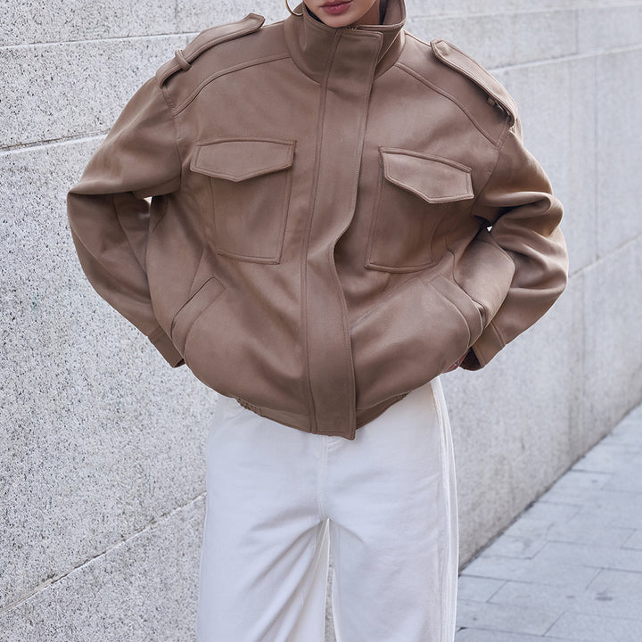 Women's field bomber jacket in suede look with high collar, flap pockets and epaulettes Mune Fashion