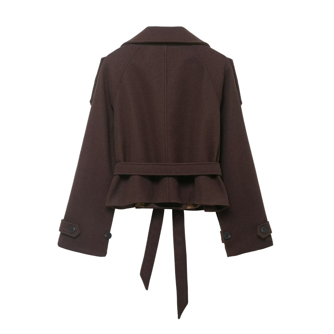 Women's Cropped Wool Blend Short Coat with High Stand-up Collar, Epaulettes, and Waist Belt Mune Fashion