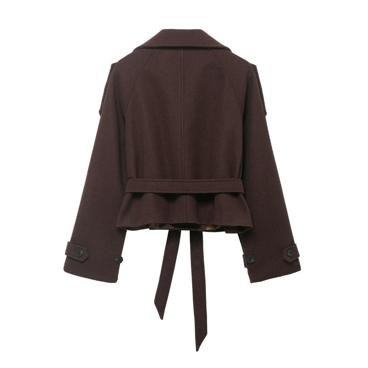 Women's Cropped Wool Blend Short Coat with High Stand-up Collar, Epaulettes, and Waist Belt Mune Fashion
