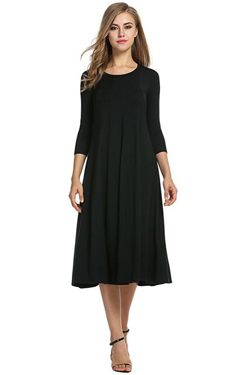 Women's Long A-Line Midi Dress made of Stretch Jersey with Three-Quarter Sleeves and Side Pockets Mune Fashion