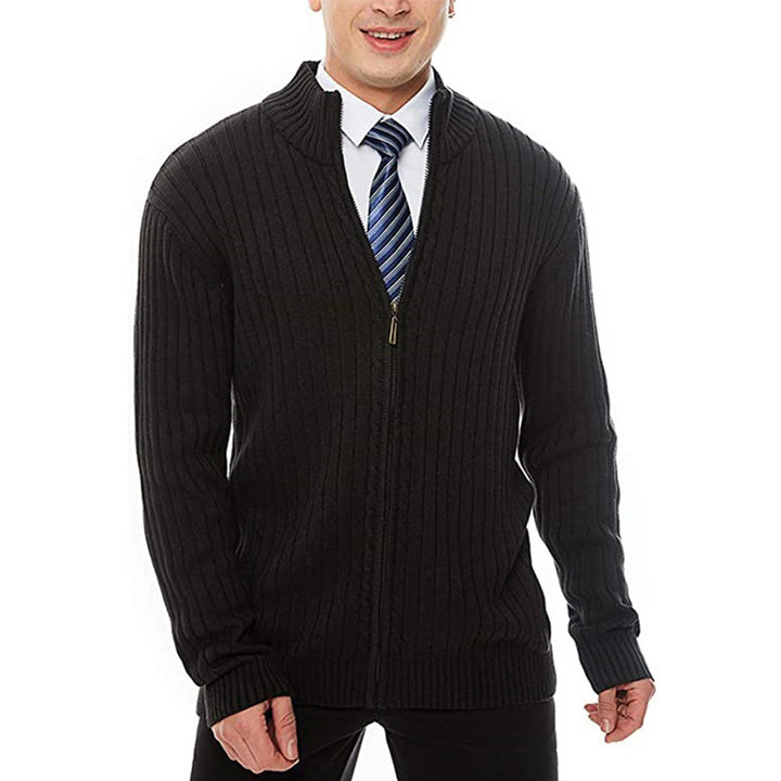 Men's fine-knit cardigan with full-length zipper, stand-up collar, and distinctive ribbed texture Mune Fashion