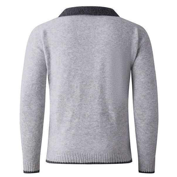 Men's Fine V-Neck Sweater with Shirt Collar Look and Ribbed Cuffs Mune Fashion
