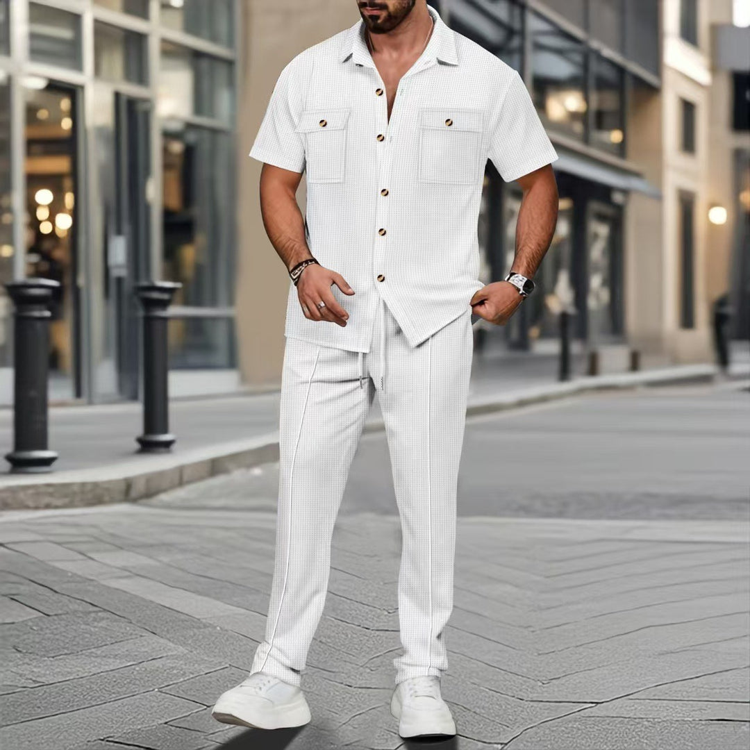 Men's casual two-piece set with open lapel shirt, chest pockets, and tapered drawstring pants Mune Fashion