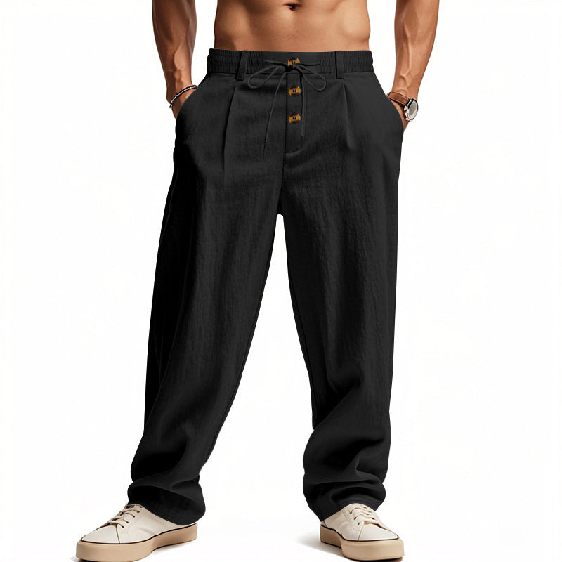 Men's casual pleated pants in linen look with elastic tunnel drawstring, decorative button placket, and deep side pockets Mune Fashion