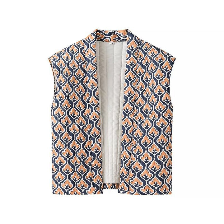 Women's non-quilted sleeveless vest with open kimono front and decorative all-over pattern Mune Fashion