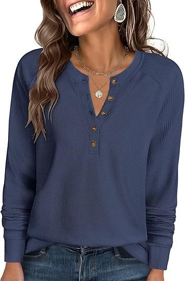 Ladies Waffle Knit Henley Long Sleeve with Button Placket, Raglan Sleeves and Ribbed Cuffs Mune Fashion
