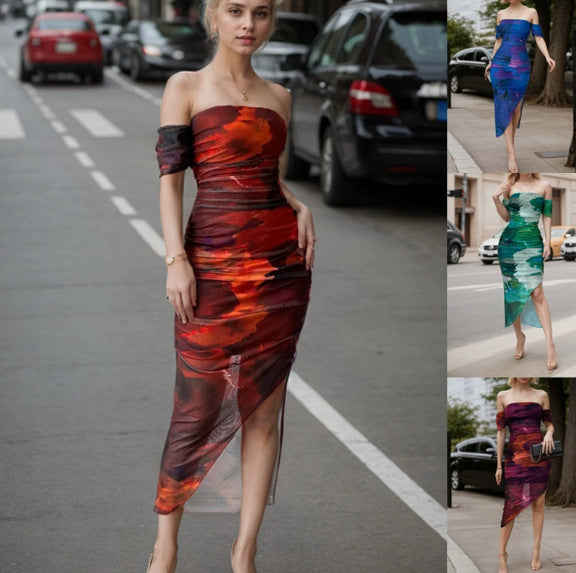 Women's Figure-hugging Off-the-shoulder Maxi Dress with Ruching, Split and Watercolor Print Mune Fashion