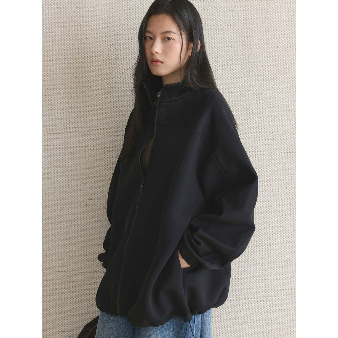 Women Oversize Zip Sweat Jacket with Stand Collar and Balloon Sleeves Mune Fashion