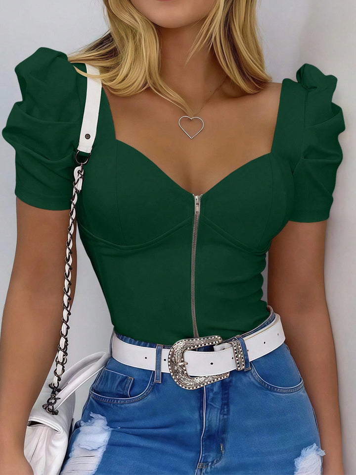 Women Form-Fitting Corset Top with Heart-Shaped Neckline, Puff Sleeves and Front Zipper Mune Fashion