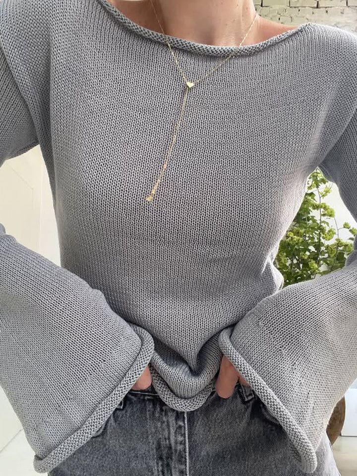 Women's chunky knit pullover with wide boat neck & extra wide trumpet sleeves Mune Fashion