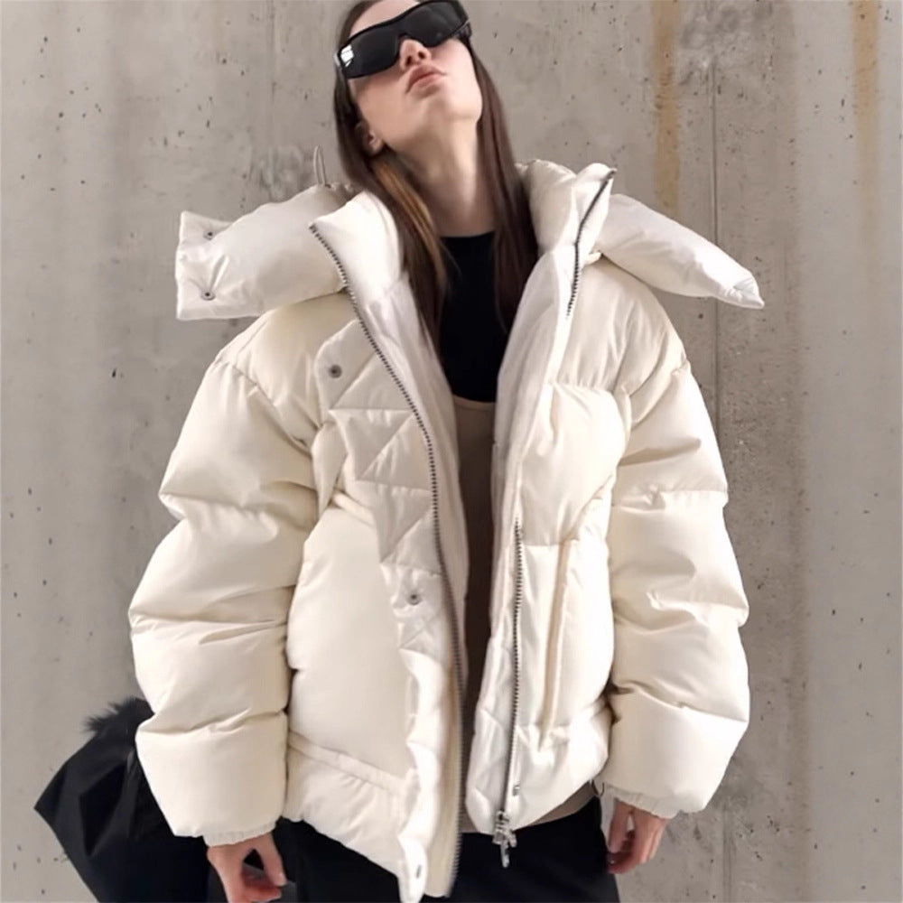 Women Oversize Quilted Puffer Jacket with extra high Stand-up Collar, double Front Zipper and boxy Silhouette Mune Fashion