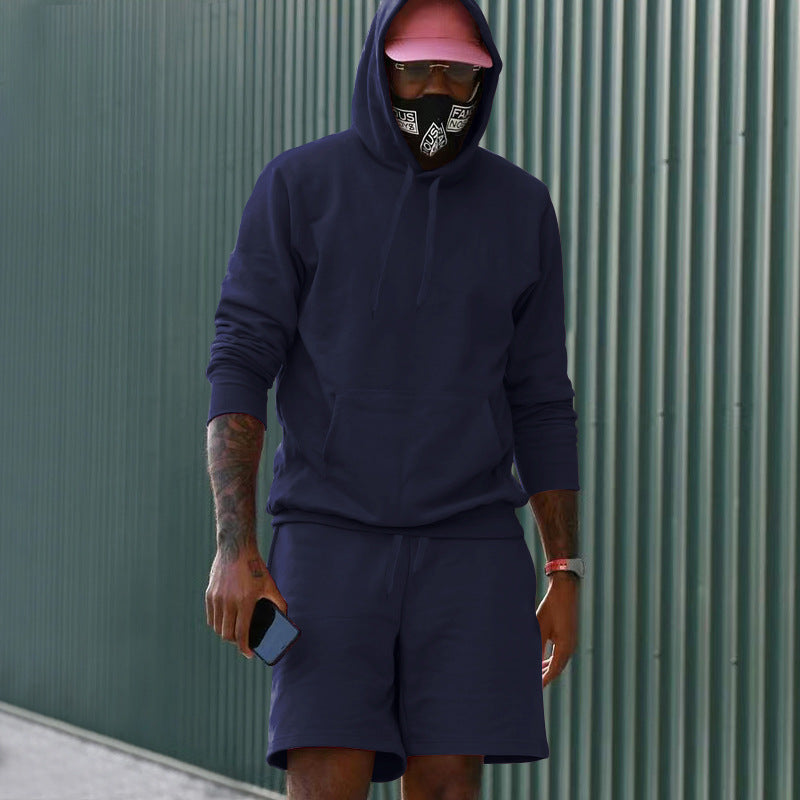 Men's two-piece leisure set hoodie and sweat shorts made of French Terry with kangaroo pocket and drawstring Mune Fashion