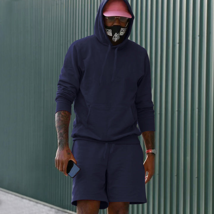 Men's two-piece leisure set hoodie and sweat shorts made of French Terry with kangaroo pocket and drawstring Mune Fashion