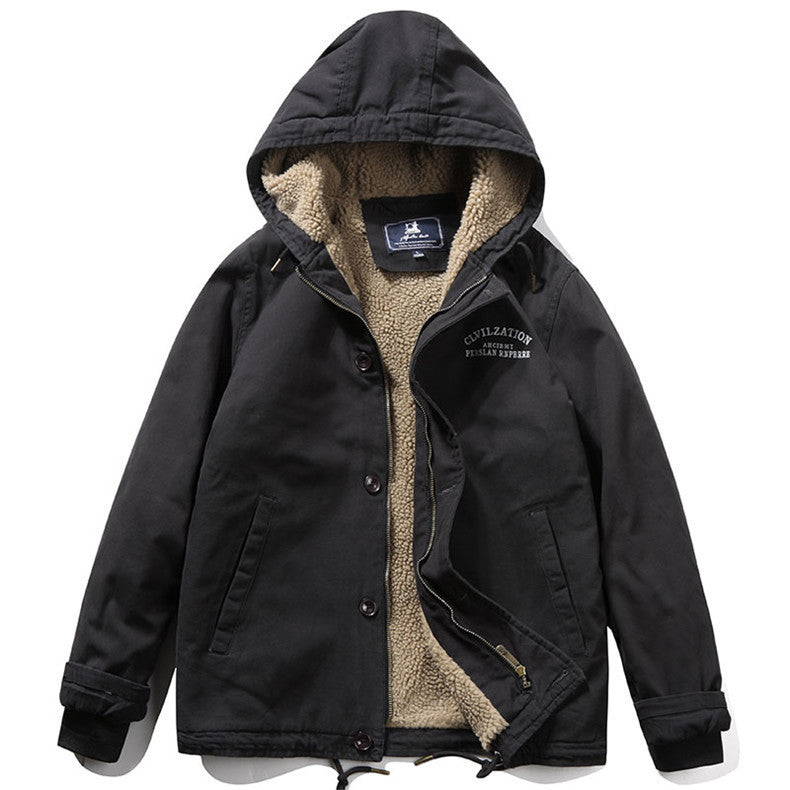 Men's Canvas Hoodie Parka with Continuous Teddy Fleece Lining and Drawstring Mune Fashion