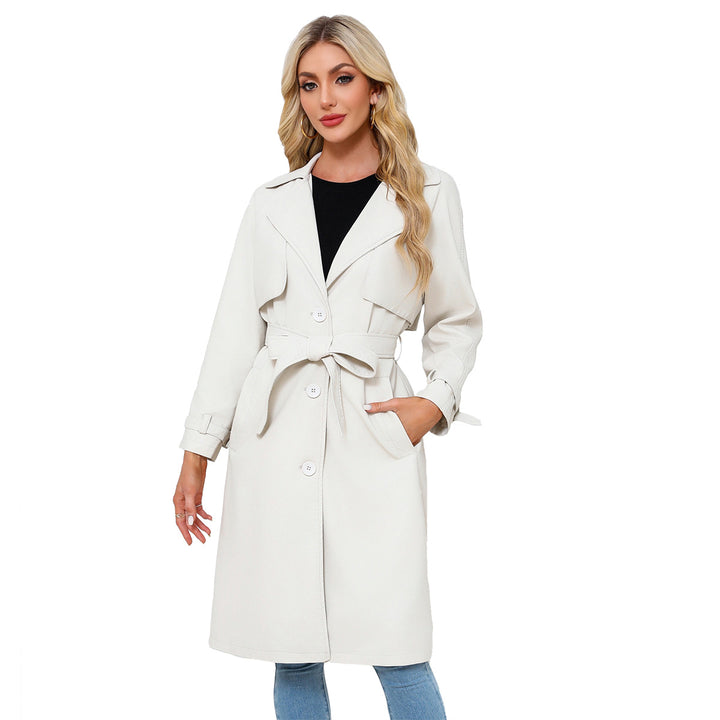 Women's longer tailored faux leather trench coat with tie belt Mune Fashion