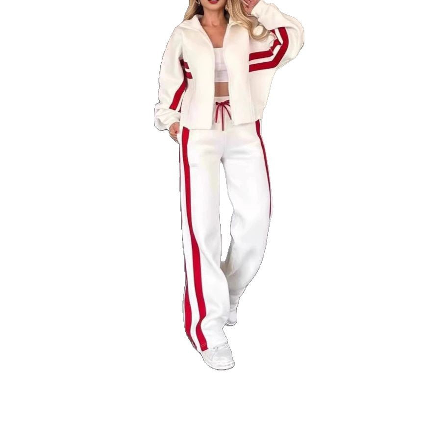 Women's athletic two-piece set made of French Terry with zipper cropped jacket and wide high-waist jogger Mune Fashion