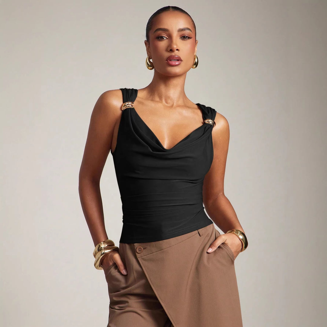 Ladies fitted top with draped neckline and decorative rings on the straps Mune Fashion