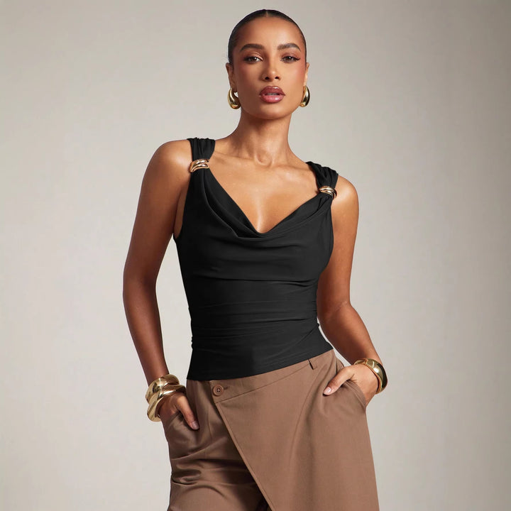 Ladies fitted top with draped neckline and decorative rings on the straps Mune Fashion