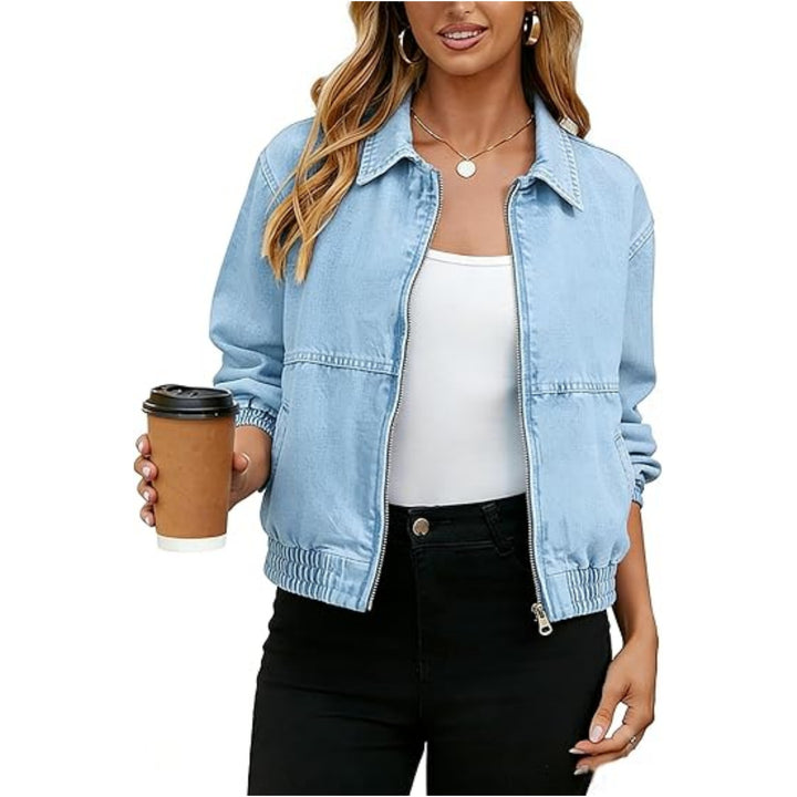Women's jeans bomber jacket with zipper, elastic hem, and shirt collar Mune Fashion
