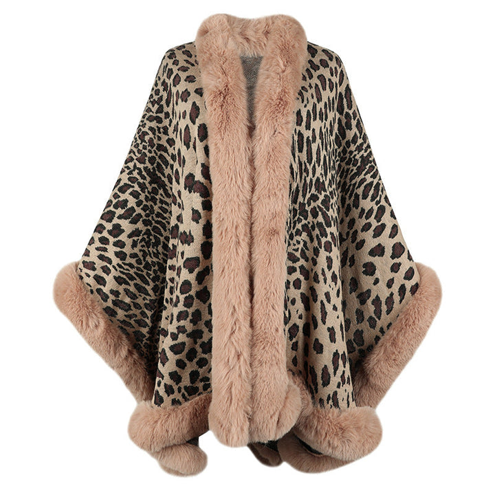 Women's Cozy Poncho with Luxurious Faux Fur Trim and Leopard Print Mune