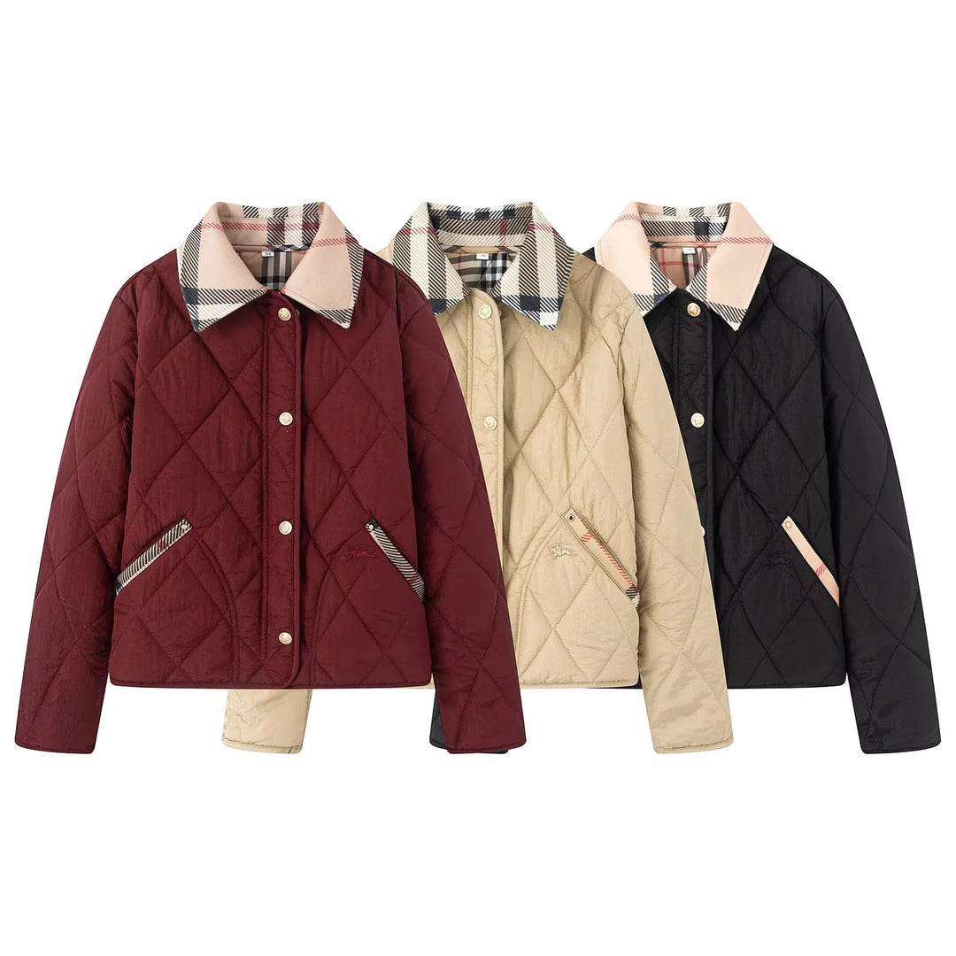 Women's padded short jacket with check collar and piped side pockets Mune Fashion
