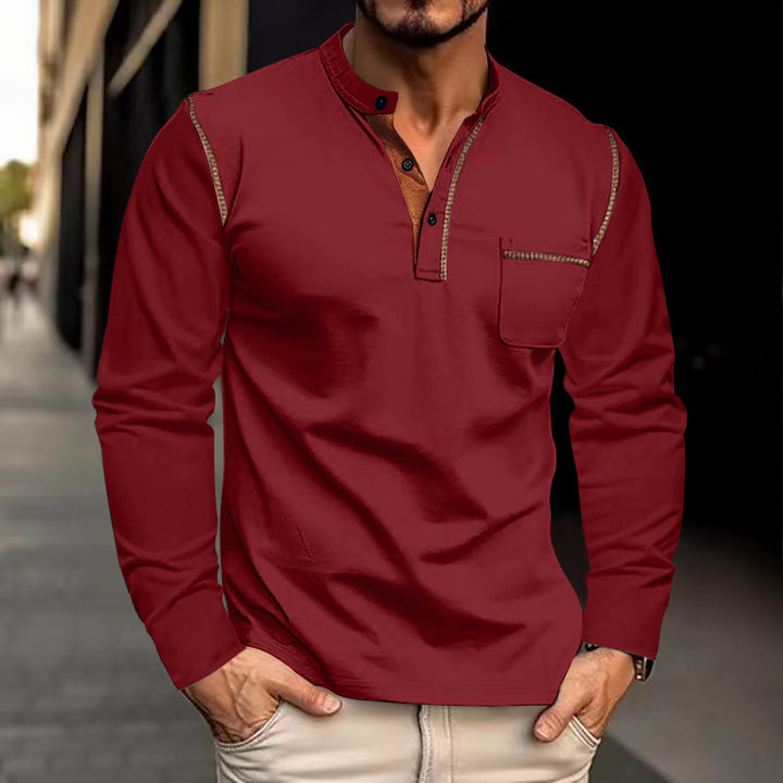 Men's Long Sleeve Henley Shirt with Stand Collar and Chest Pocket Mune Fashion