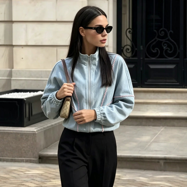 Women's Lightweight Cropped Bomber Jacket with Decorative Trims, Elastic Cuffs and Full-Length Zipper Mune Fashion