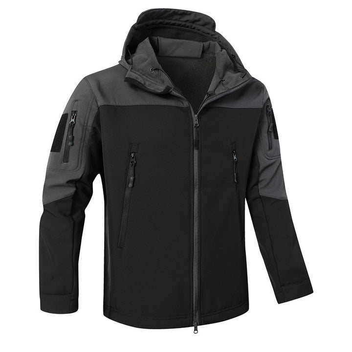 Men's Softshell Outdoor Jacket with Tactical Arm Pocket, Adjustable Hood and Water-Resistant Membrane Mune Fashion