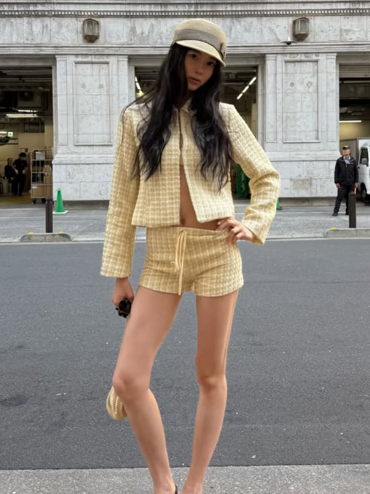 Women Two-Piece Boucle Set with Short Jacket and Drawstring Shorts Mune Fashion