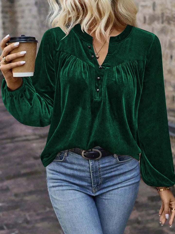 Women's velour sweatshirt with Henley button placket, gathered chest yoke, and relaxed silhouette Mune Fashion