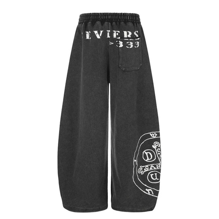 Women's Wide Mid-Calf Palazzo Sweatpants with Adjustable Hem, Drawstring Waistband, and Statement Print