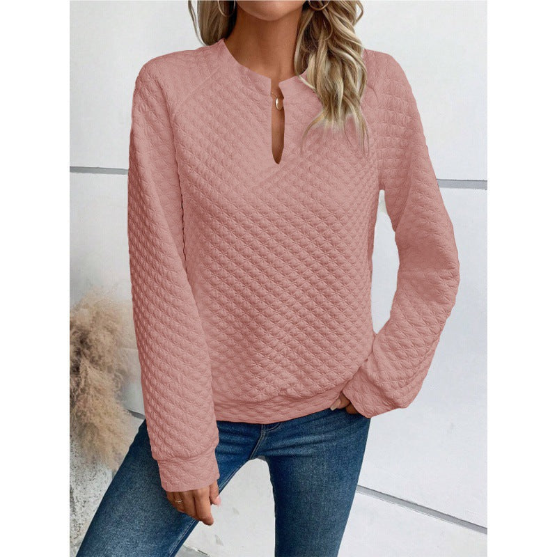 Women's Quilted Sweatshirt with Slit Collar, Diamond Structure and Raglan Sleeves Mune Fashion