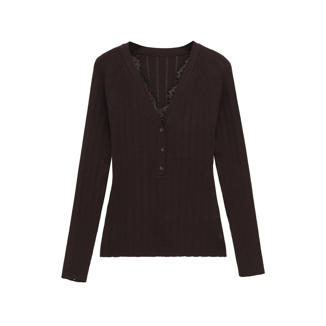 Women's Ribbed Long Sleeve Fine Knit Top with Deep V-Neck, Button Placket and Lace Trim Mune Fashion