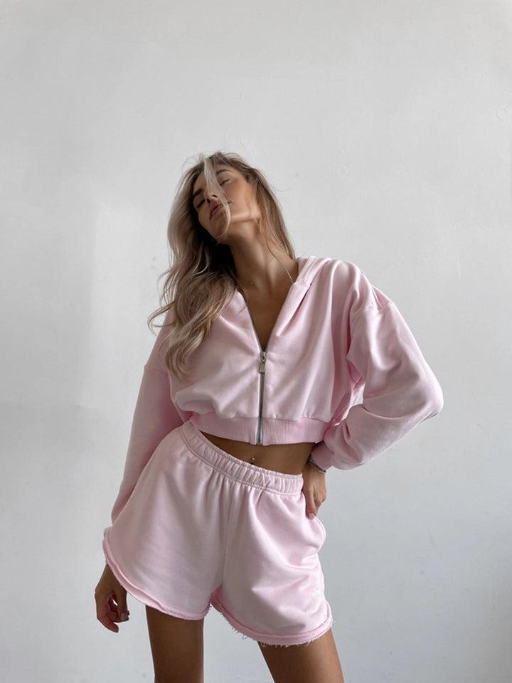 Women's Cropped-Zipper-Hoodie with waist-high fringe shorts lounge set Mune Fashion