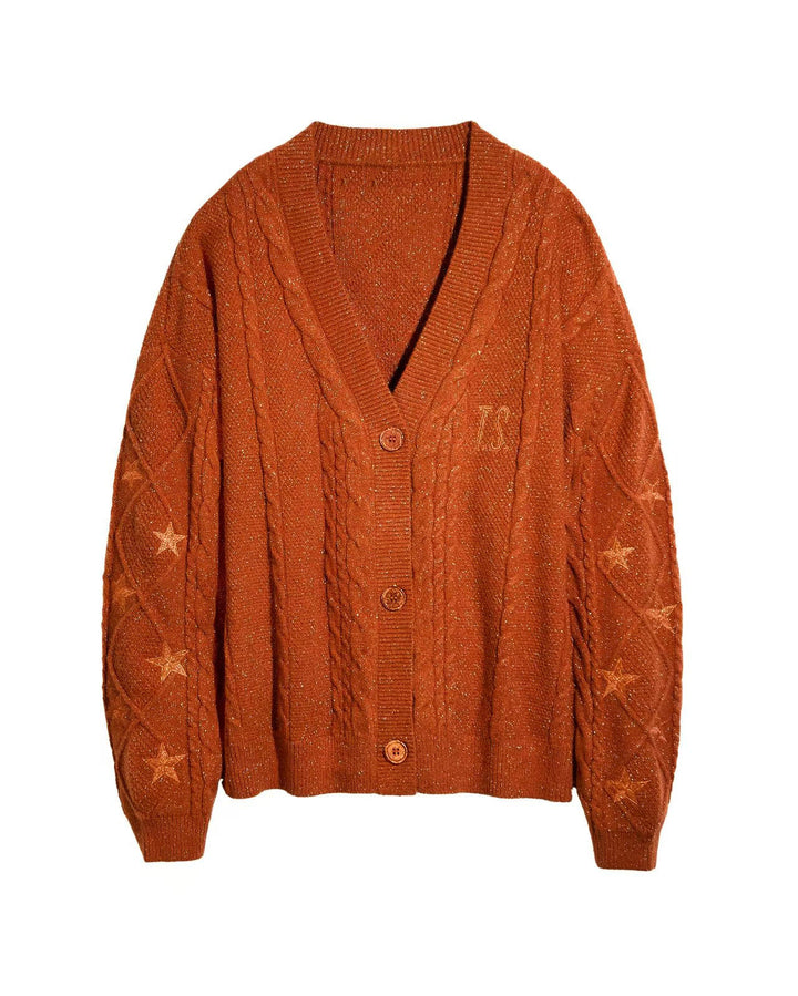 Women's oversized chunky knit cardigan with cable pattern, V-neck and star embroidery Mune Fashion