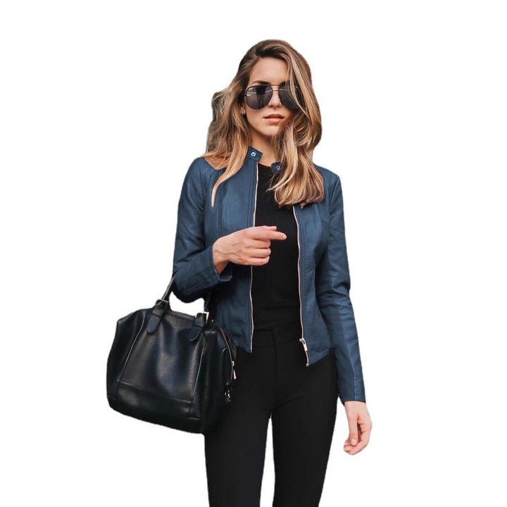 Women's tailored leather jacket with stand-up collar and concealed zipper Mune Fashion