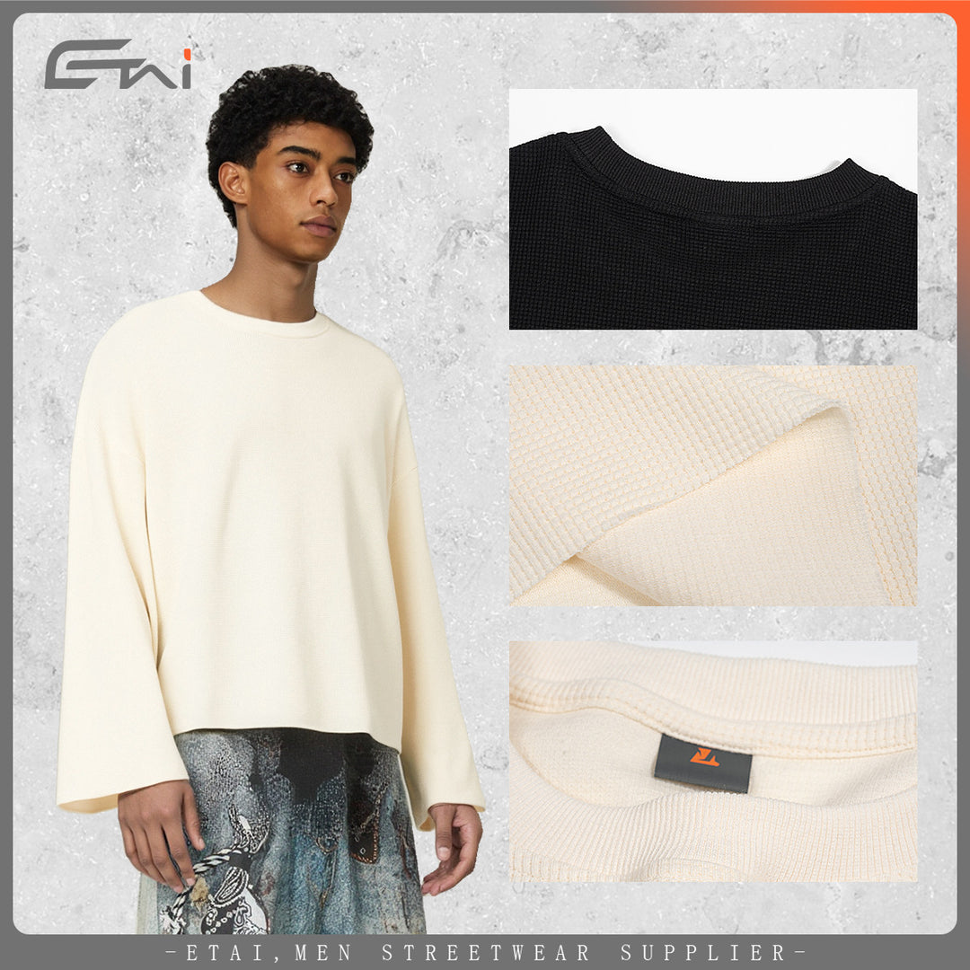 Men's Boxy Waffle Knit Sweater with Oversized Cut and Round Neck