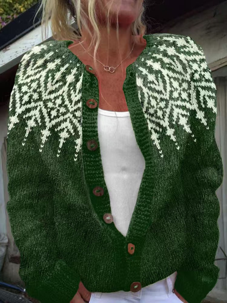Women's patterned cardigan with round yoke, wooden buttons, and welt pockets Mune Fashion