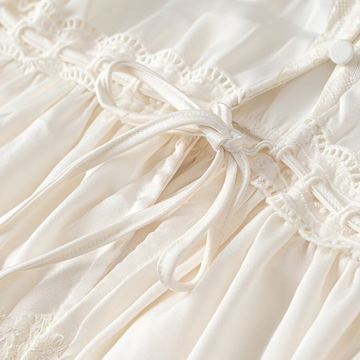 Ladies Romantic Lace Blouse with Drawstring Waist, Ruffled Hem and Balloon Sleeves Mune Fashion