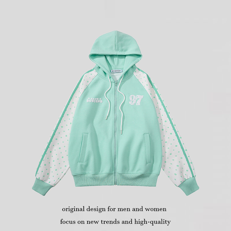 Women's hooded sweatshirt jacket with full zipper, raglan sleeves, and polka dot inserts Mune Fashion