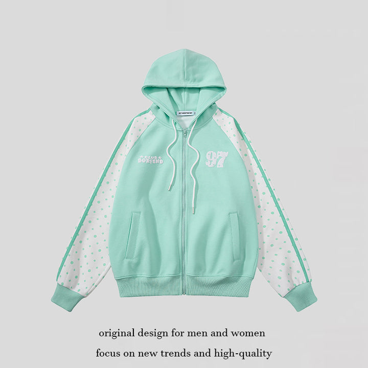 Women's hooded sweatshirt jacket with full zipper, raglan sleeves, and polka dot inserts Mune Fashion