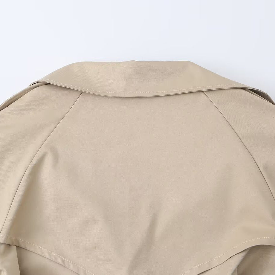 Women Cropped Trench Coat with Waist Belt, Wide Lapels and Cape Detail