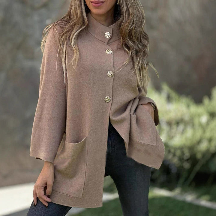 Women's Oversize Cape Cardigan with Stand-Up Collar, Patch Pockets, and Decorative Buttons Mune Fashion