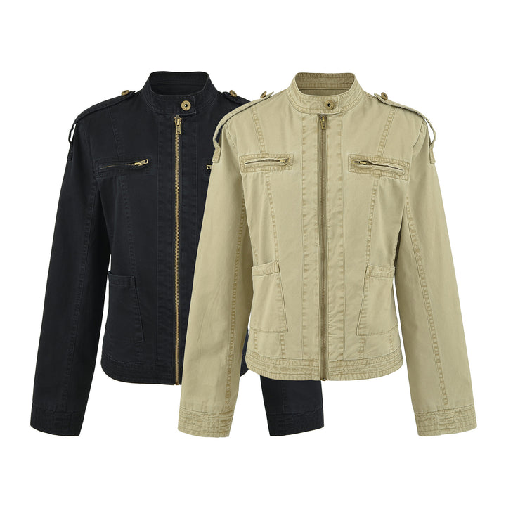 Women's field jacket with stand-up collar, shoulder flaps and golden zippers Mune Fashion