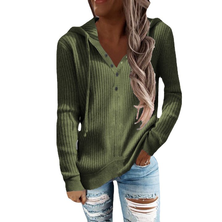 Women's Casual Ribbed Hoodie Sweater with Henley Button Placket and Drawstring Hood
