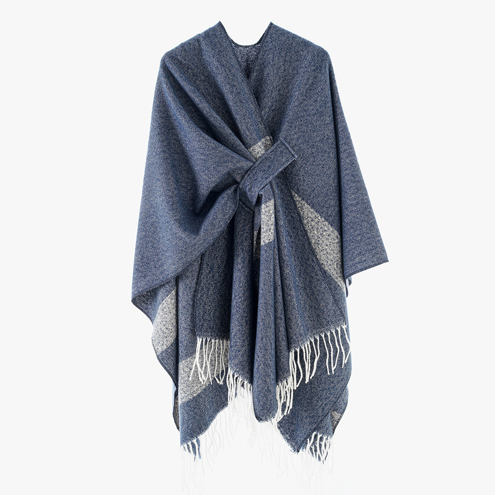 Women Woven Wool Blend Ruana with Diagonal Stripes and Fringes Mune Fashion