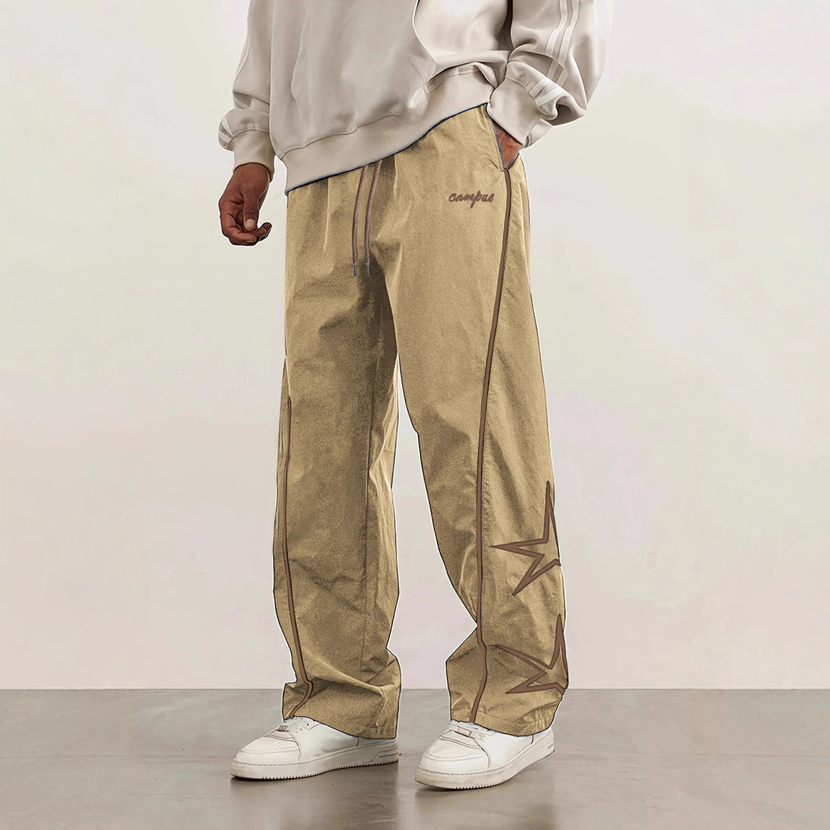 Men's Wide Trackpants with Contrast Piping, Drawstring and Star Application Mune Fashion